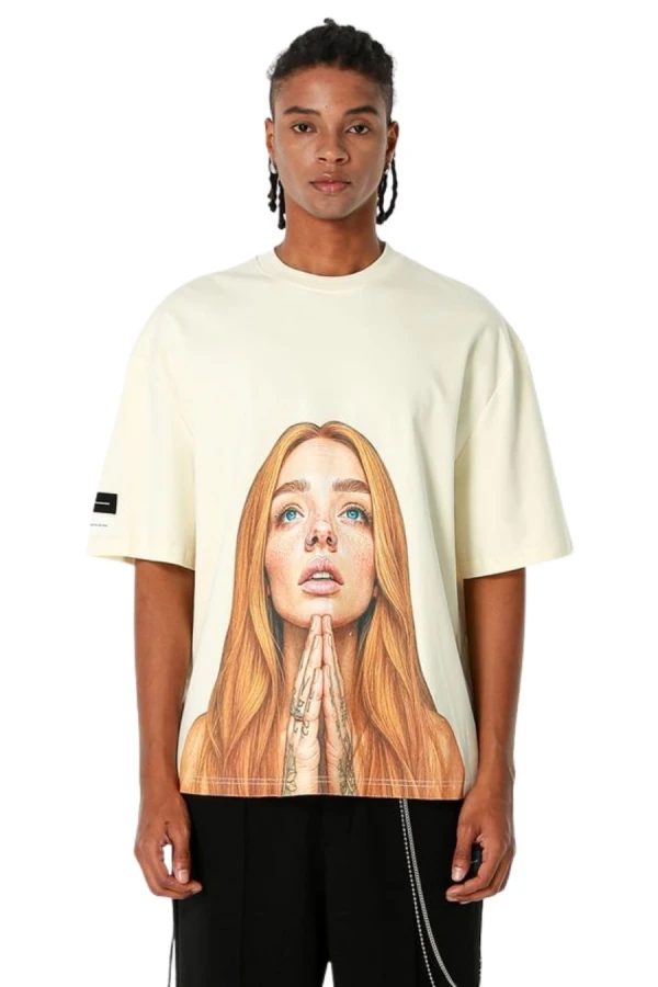 MOD WAVE MOVEMENT T-Shirts MWM FACES PRINT OVERSIZE T-SHIRT - BEIGE