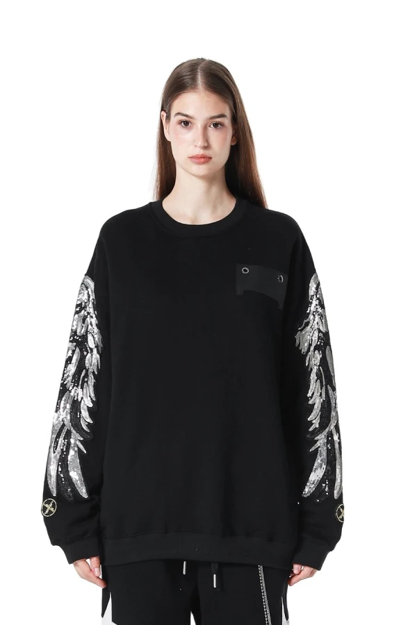MOD WAVE MOVEMENT Φούτερ λαιμόκοψη MWM WINGS SEQUINS SWEATSHIRT - BLACK