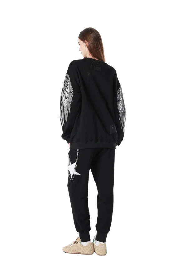 MOD WAVE MOVEMENT Φούτερ λαιμόκοψη MWM WINGS SEQUINS SWEATSHIRT - BLACK