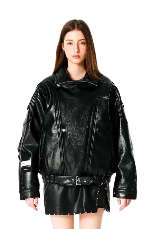 MOD WAVE MOVEMENT Μπουφάν MWM LEATHER FUNNEL NECK PERFECTO JACKET - BLACK