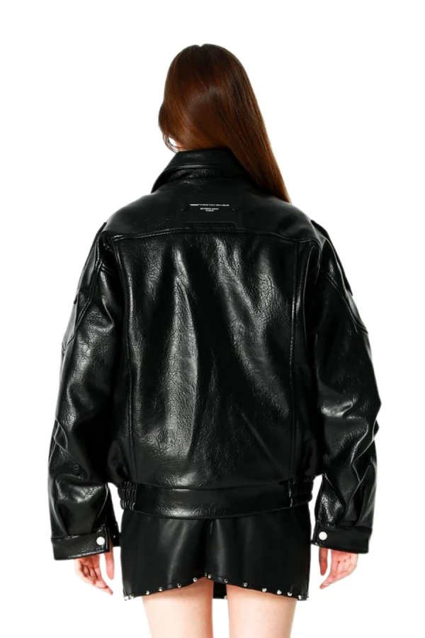 MOD WAVE MOVEMENT Μπουφάν MWM LEATHER FUNNEL NECK PERFECTO JACKET - BLACK