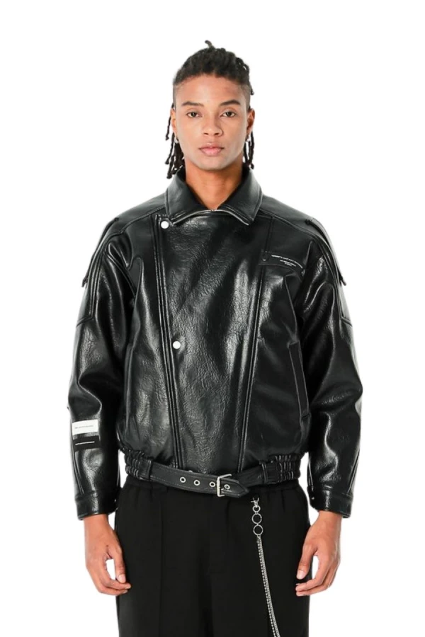 MOD WAVE MOVEMENT Μπουφάν MWM LEATHER FUNNEL NECK PERFECTO JACKET - BLACK