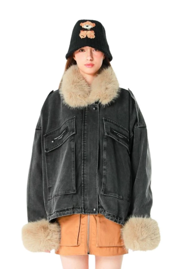 MOD WAVE MOVEMENT Μπουφάν MWM WOMEN TEDDY FUR DENIM JACKET - BLACK