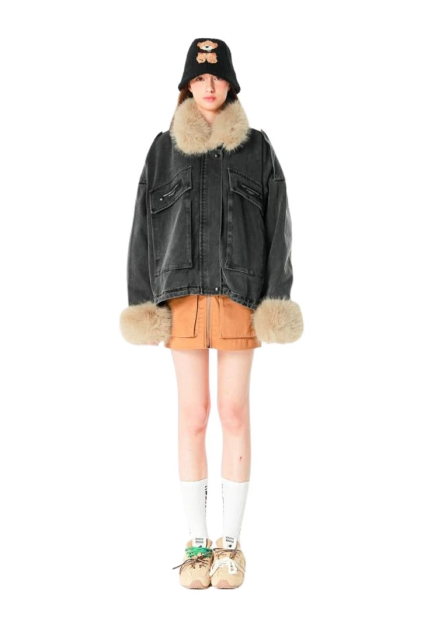 MOD WAVE MOVEMENT Μπουφάν MWM WOMEN TEDDY FUR DENIM JACKET - BLACK