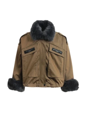 MOD WAVE MOVEMENT Μπουφάν MWM WOMEN TEDDY CANVAS PATCHES FUR JACKET - BROWN