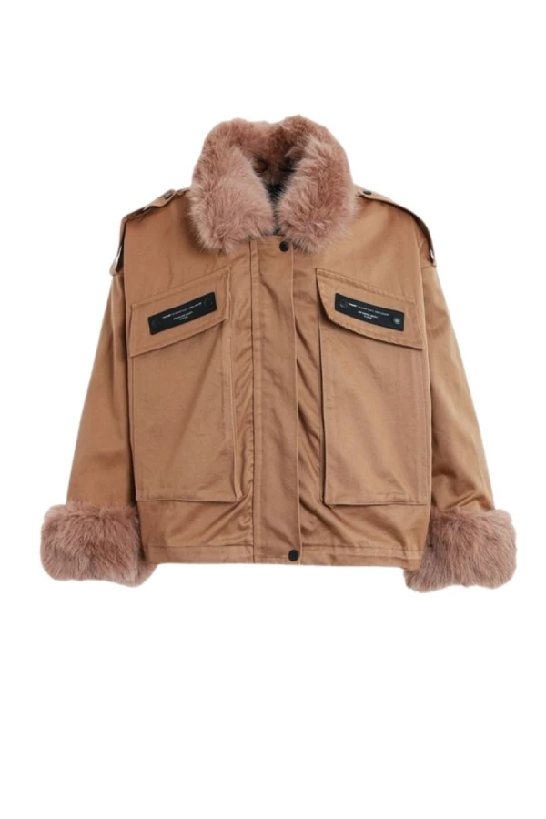 MOD WAVE MOVEMENT Μπουφάν MWM WOMEN TEDDY CANVAS PATCHES FUR JACKET - CAMEL