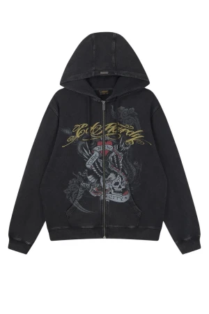 ED HARDY Ανδρική Ζακέτα Mens Storming New York Relaxed Zip Thru Hoodie - Μαύρη