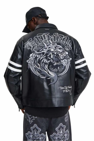 ED HARDY Ανδρικό Μπουφάν Flaming Hellcat PU Moto Jacket - Μαύρο