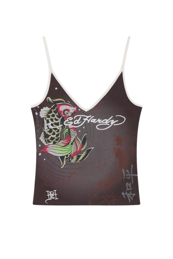 ED HARDY Γυναικεία Αμάνικη Μπλούζα Koi Pond Vest Top – Καφέ
