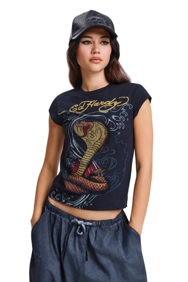 ED HARDY Γυναικείο T-Shirt Women’s Snakebite Cap Sleeve - Μαύρο