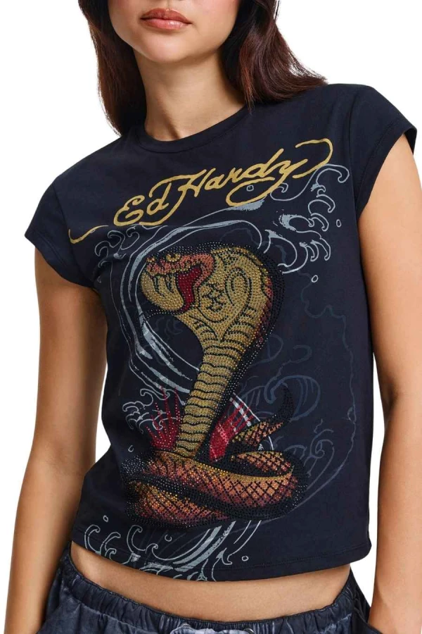 ED HARDY Γυναικείο T-Shirt Women’s Snakebite Cap Sleeve - Μαύρο