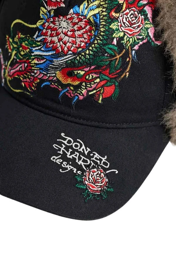 Ed Hardy Crawling Dragon Trapper 5 Panel Trucker Cap - Black