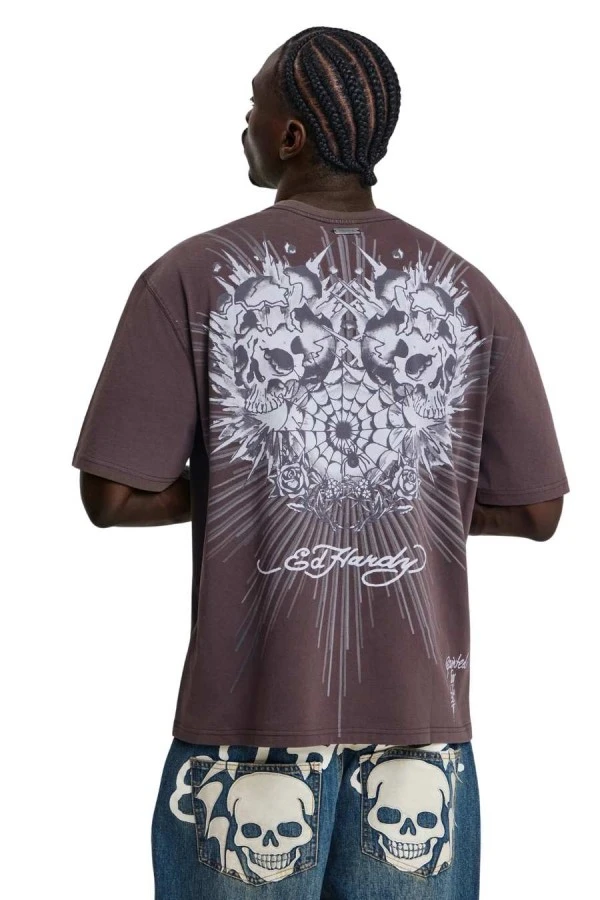 ED HARDY Ανδρικό WEBBED SKULL RELAXED FIT T-SHIRT – Καφέ