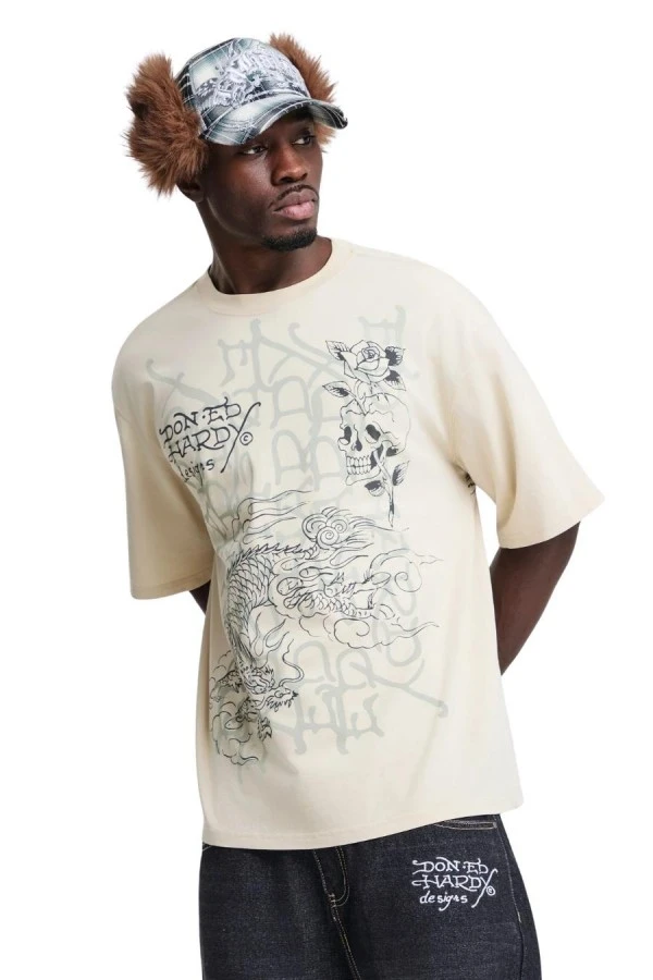 ED HARDY Ανδρικό T-Shirt Men’s Multi Graphic Relaxed T-Shirt - Μπεζ