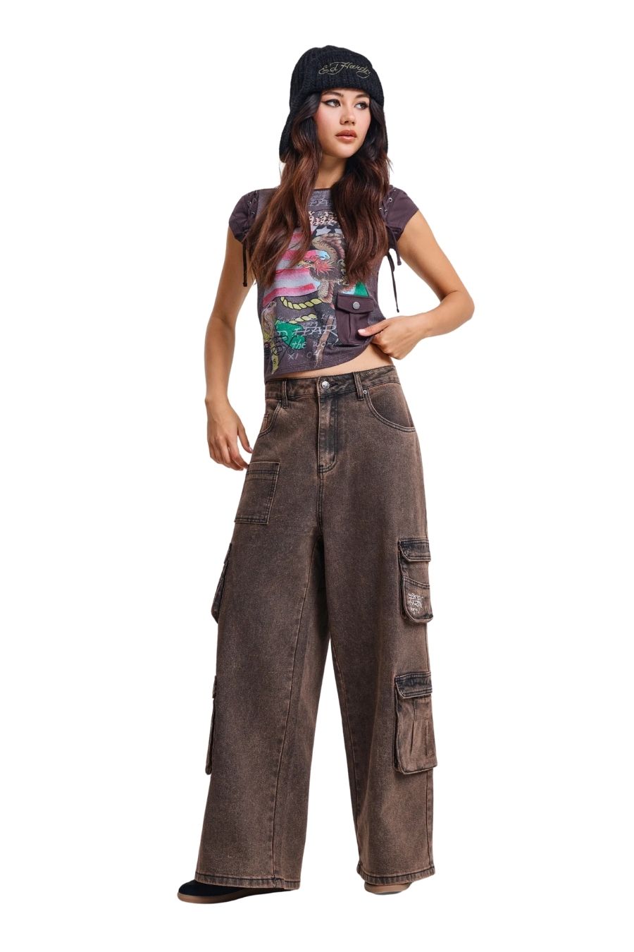 ED HARDY Jeans WOMENS RISING PHOENIX CARGO XTRA JEANS - BROWN-ED6081-AW26-BROWN